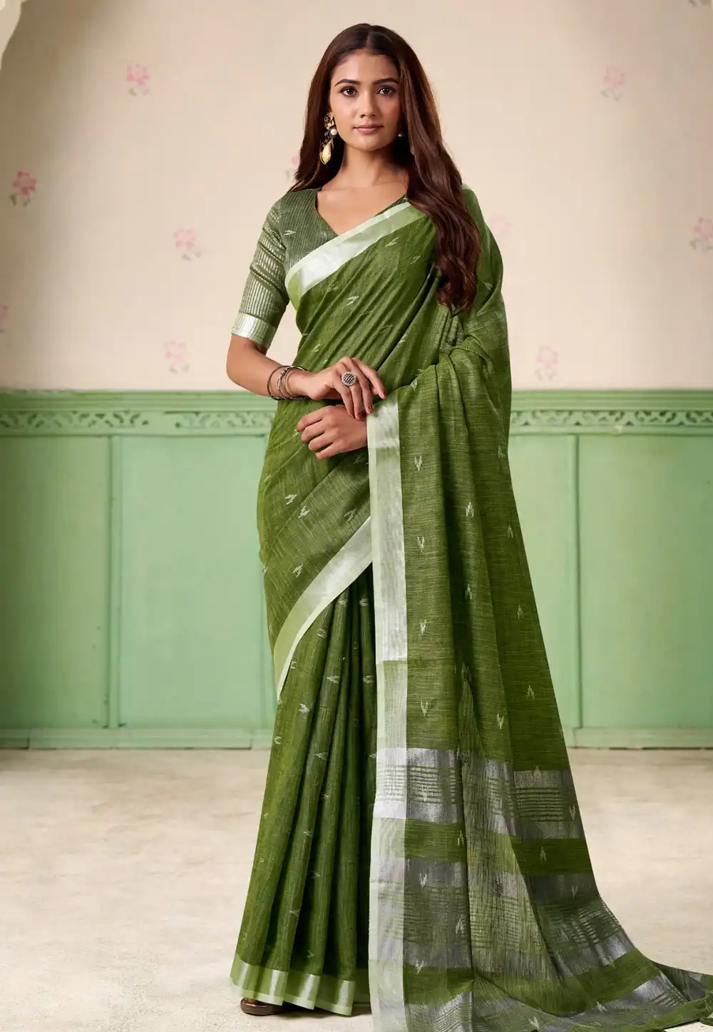 Olive Green Linen Saree With Blouse 319716