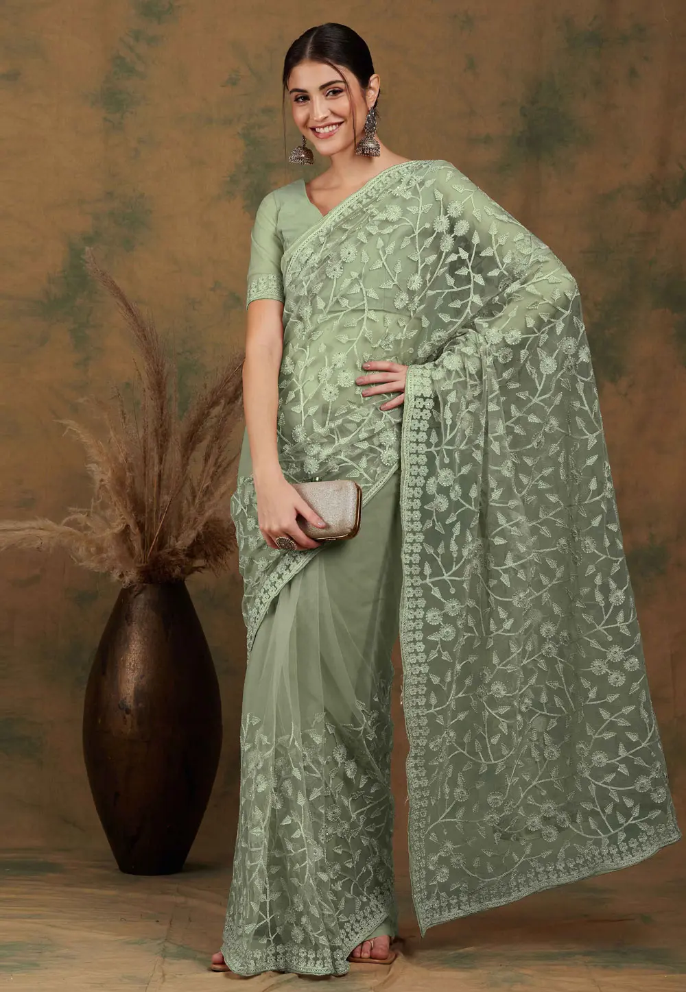 Olive Green Net Saree With Blouse 331670