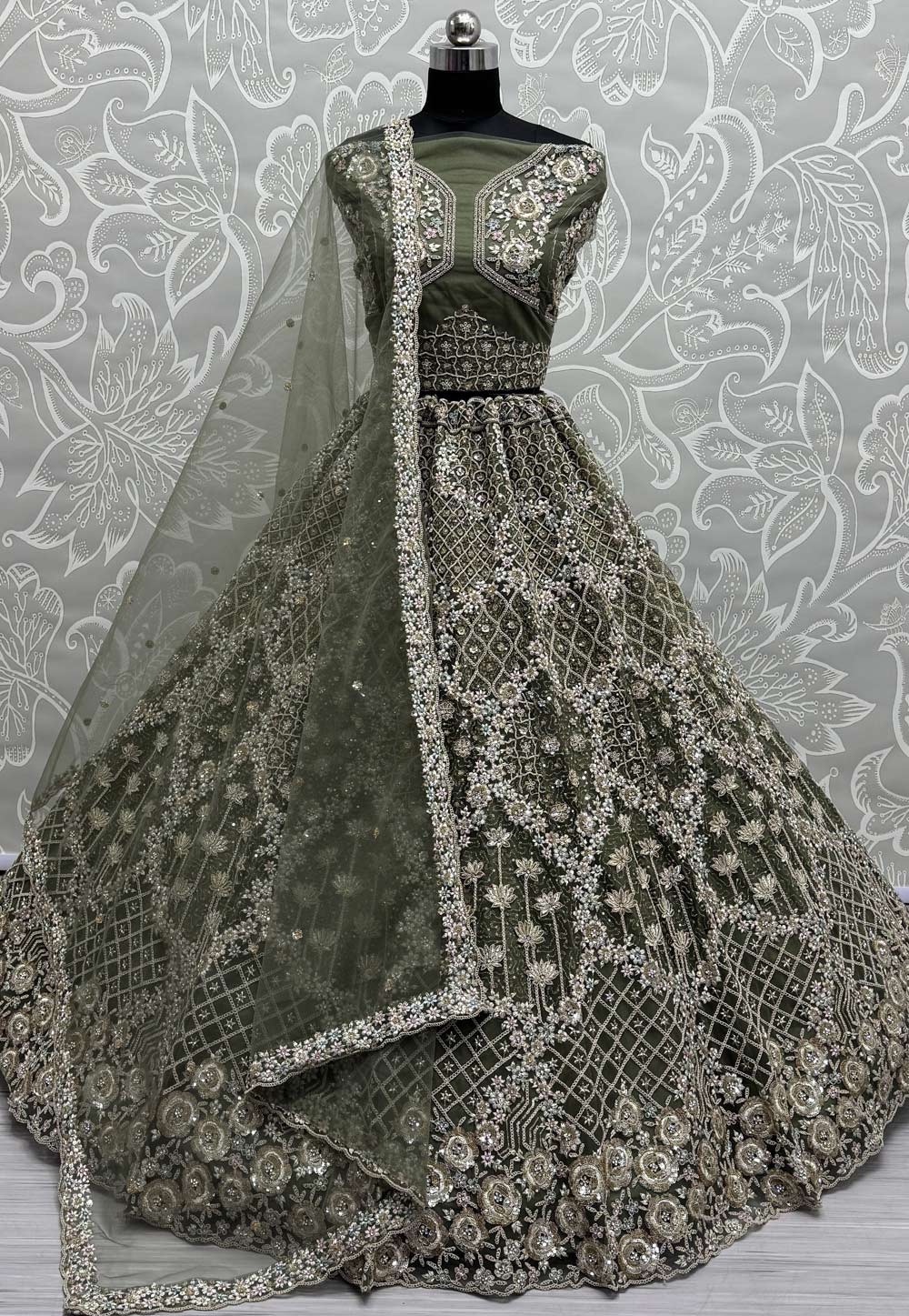 Olive Green Net Wedding Lehenga Choli 307465