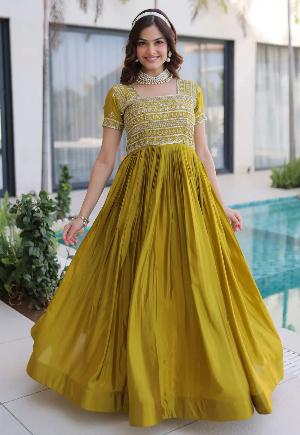 Olive Green Organza Gown 326342