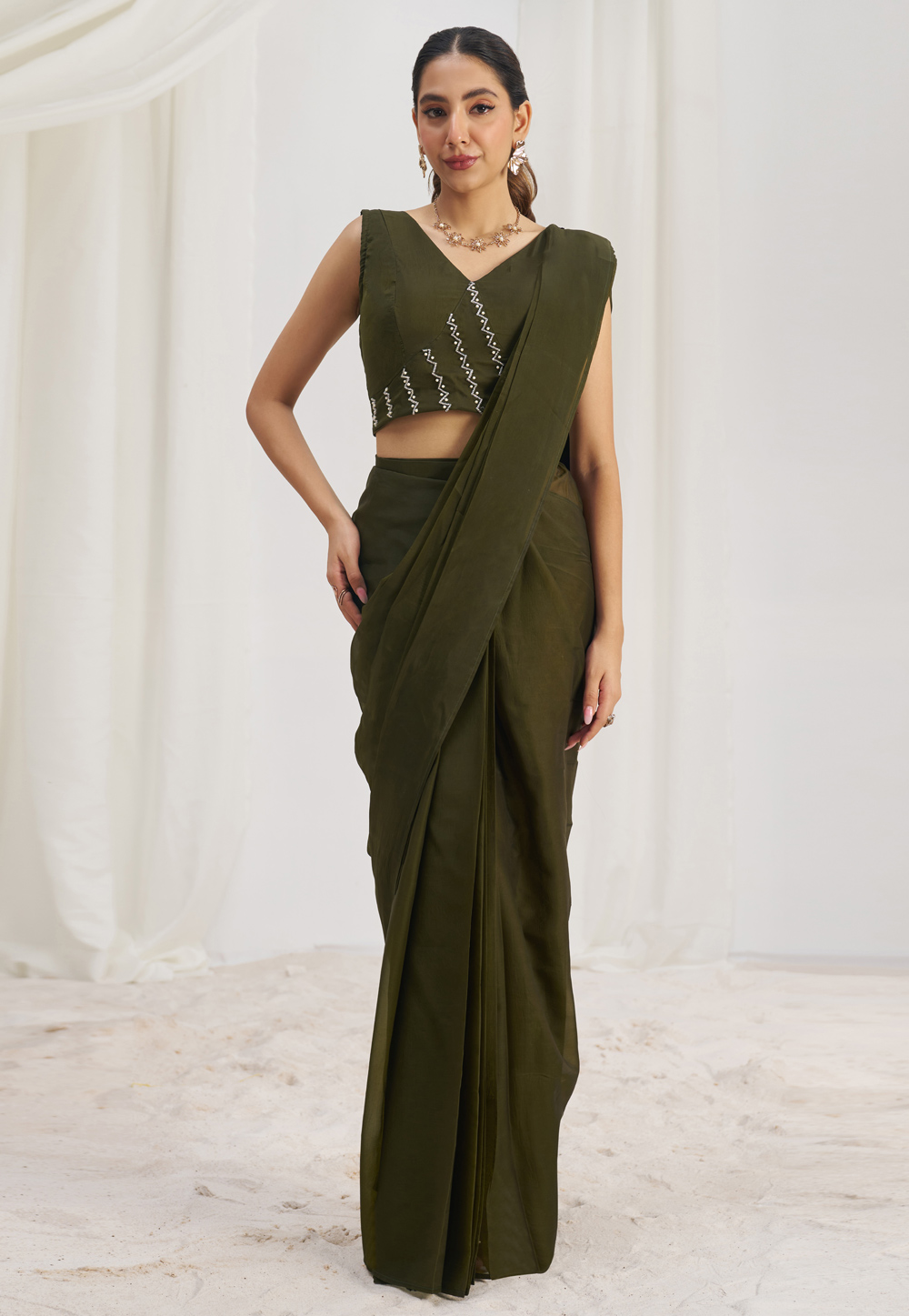 Olive Green Organza Saree With Blouse 307263