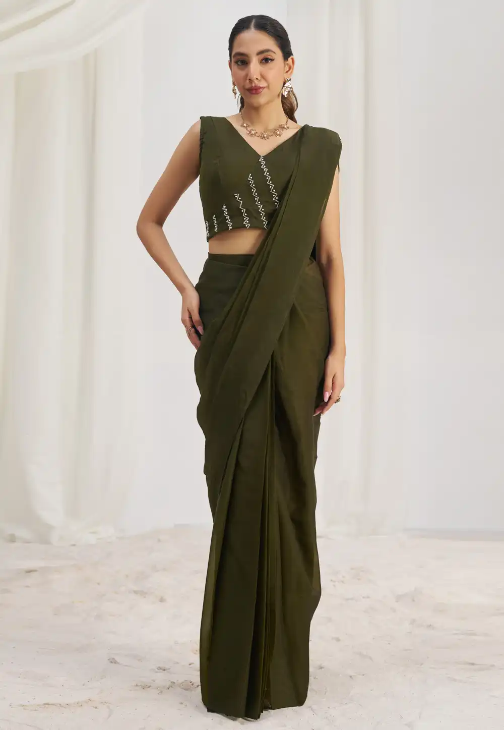 Olive Green Organza Saree With Blouse 307263