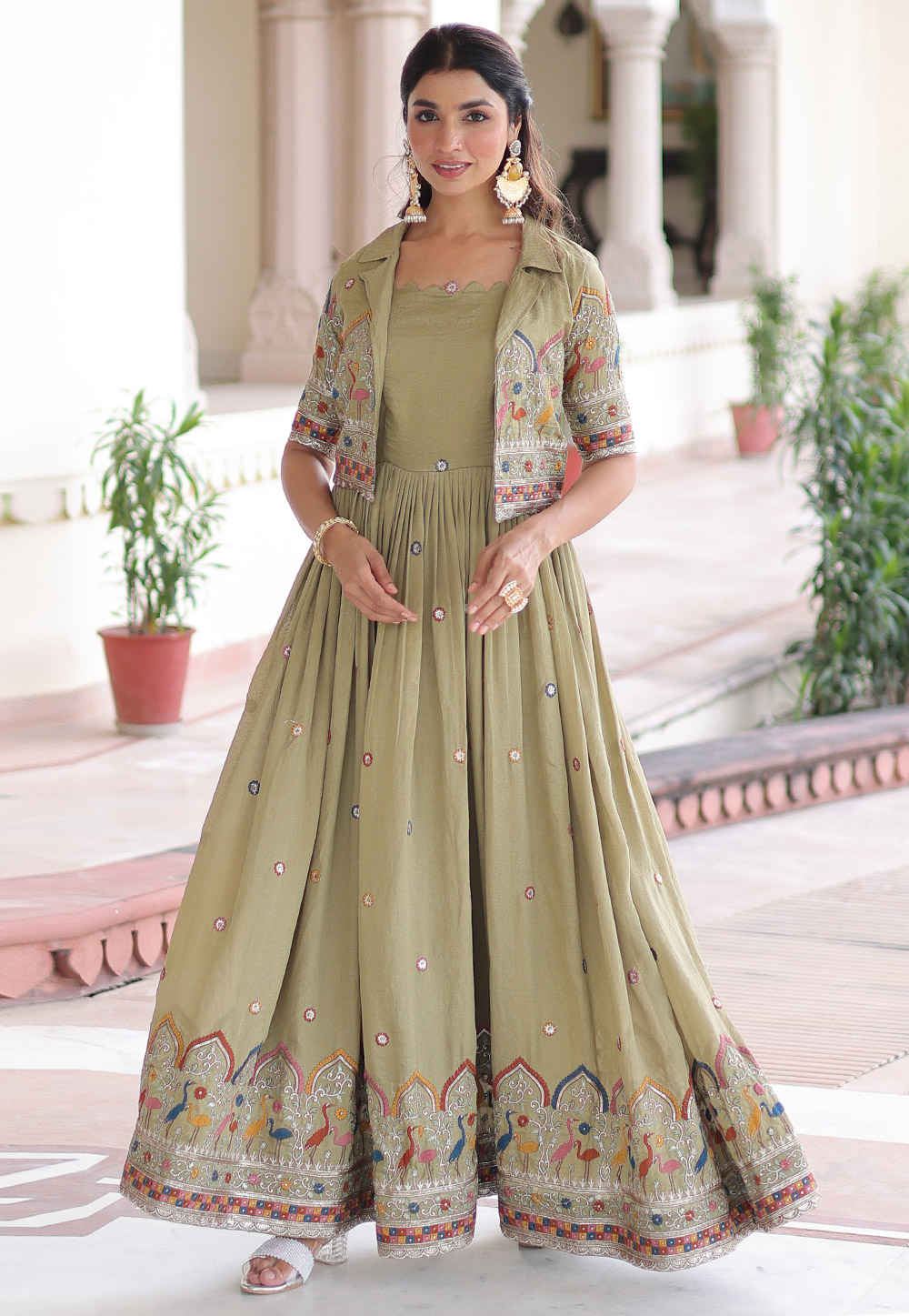 Olive Green Silk Gown With Koti 320560