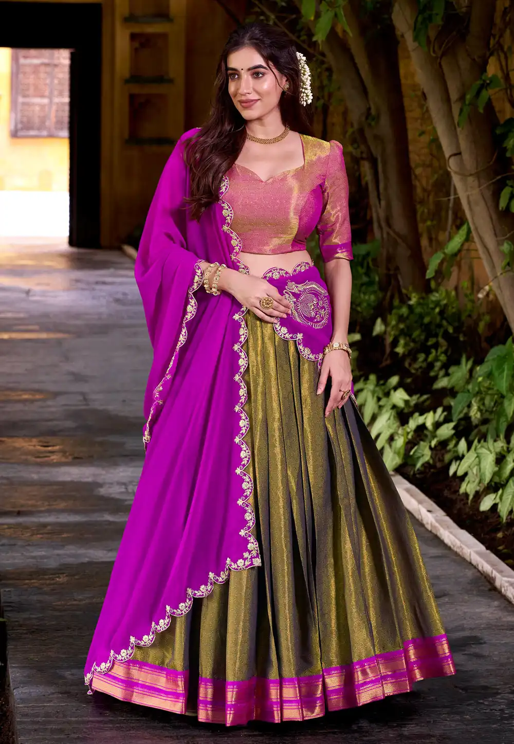 Olive Green Silk Lehenga Choli 315621