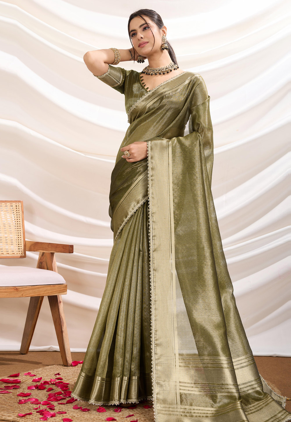 Olive Green Tissue Saree With Blouse 307257