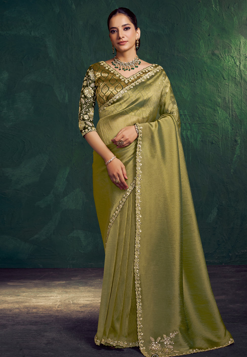 Olive Green Tissue Silk Saree With Blouse 322940