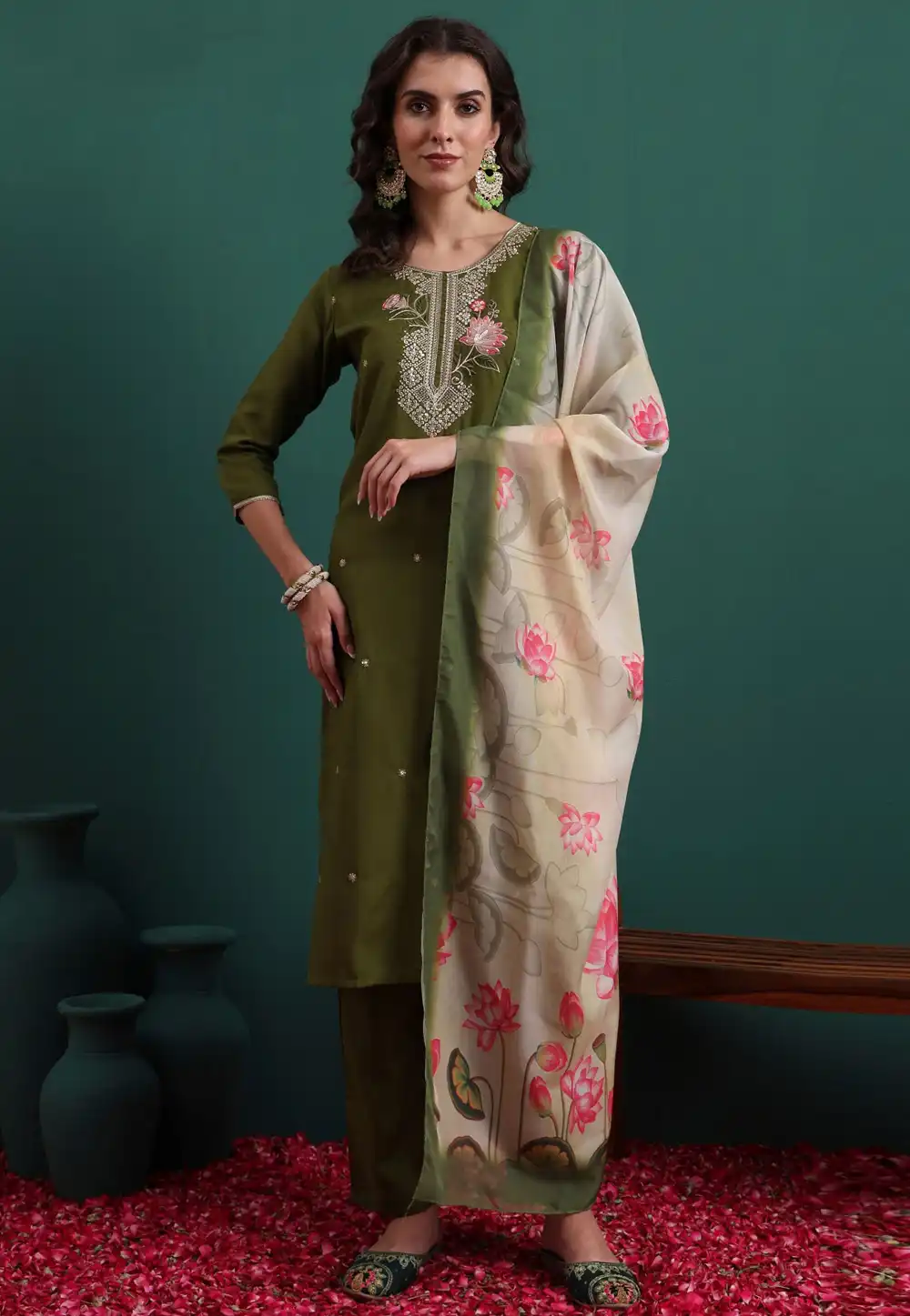 Olive Green Viscose Readymade Pant Style Suit 324509