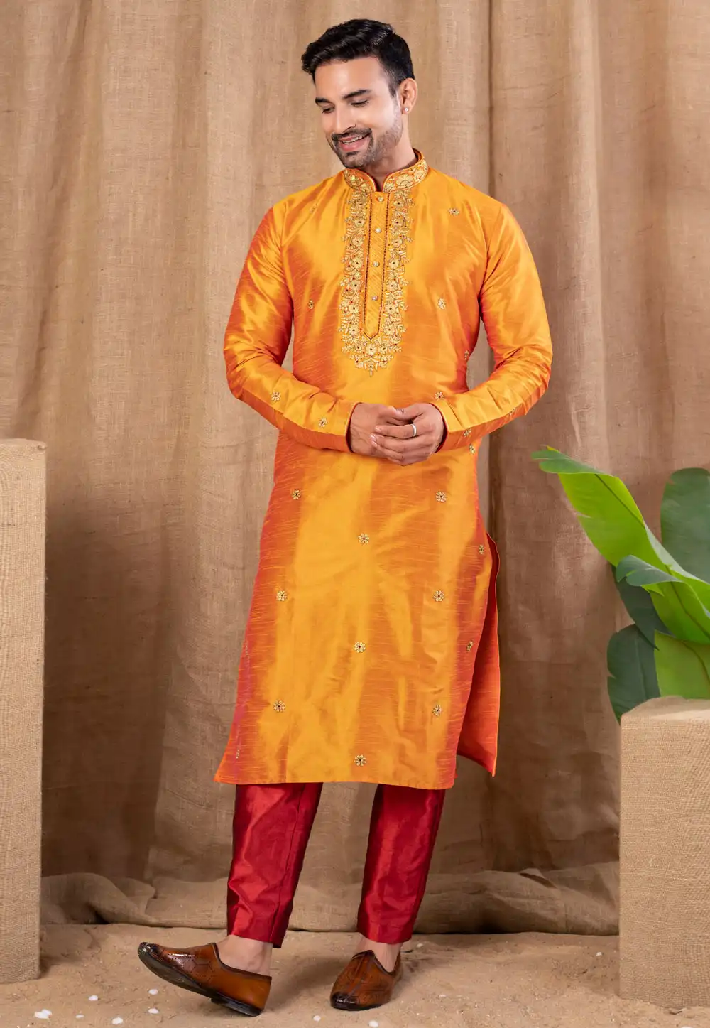 Orange Art Silk Kurta Pajama 316443