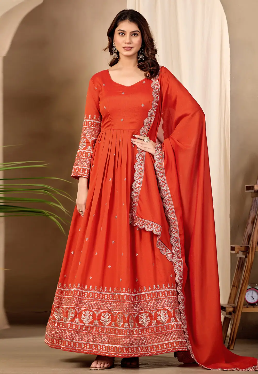 Orange Art Silk Readymade Anarkali Suit 334587