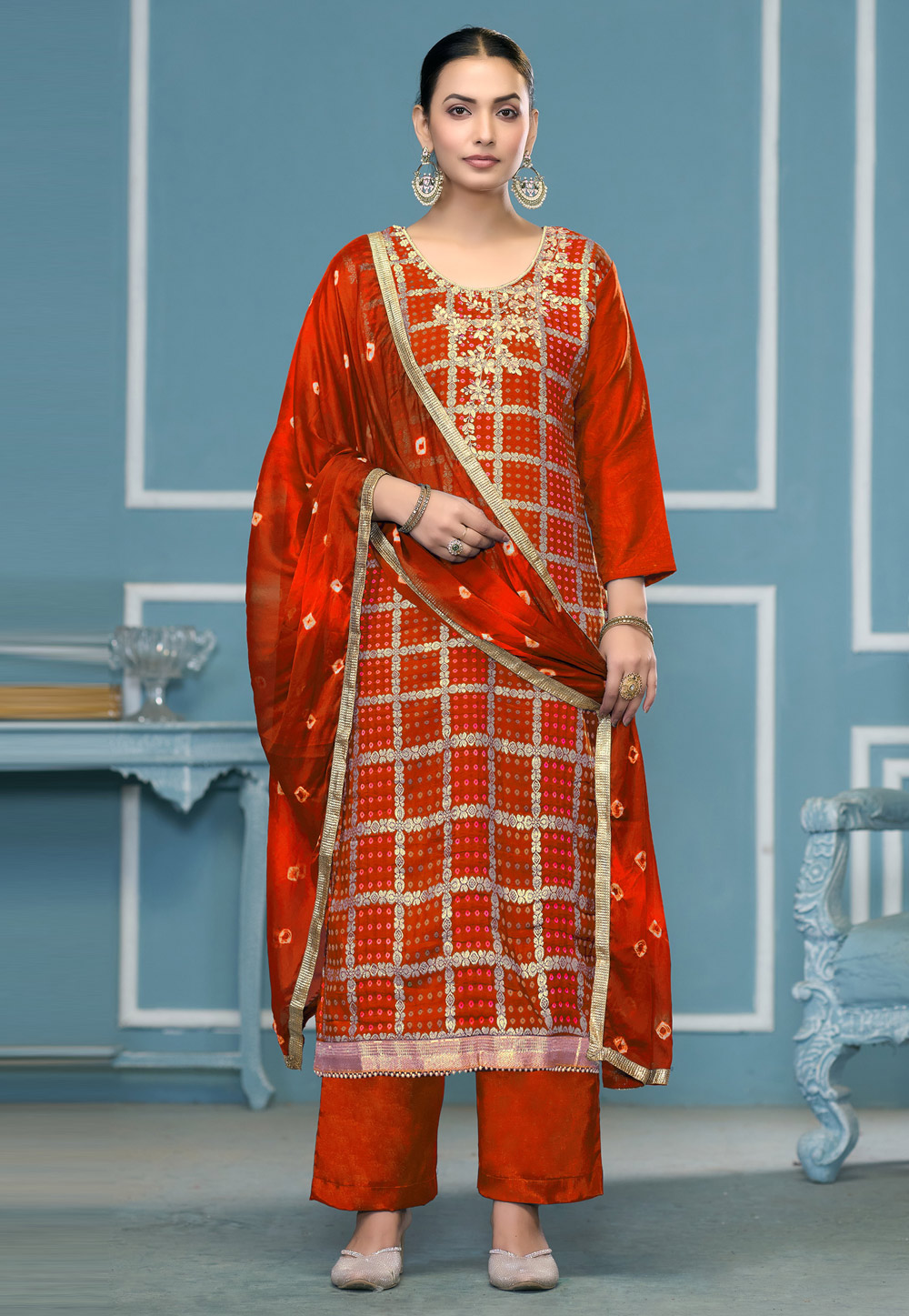 Orange Banarasi Cotton Pakistani Suit 307428