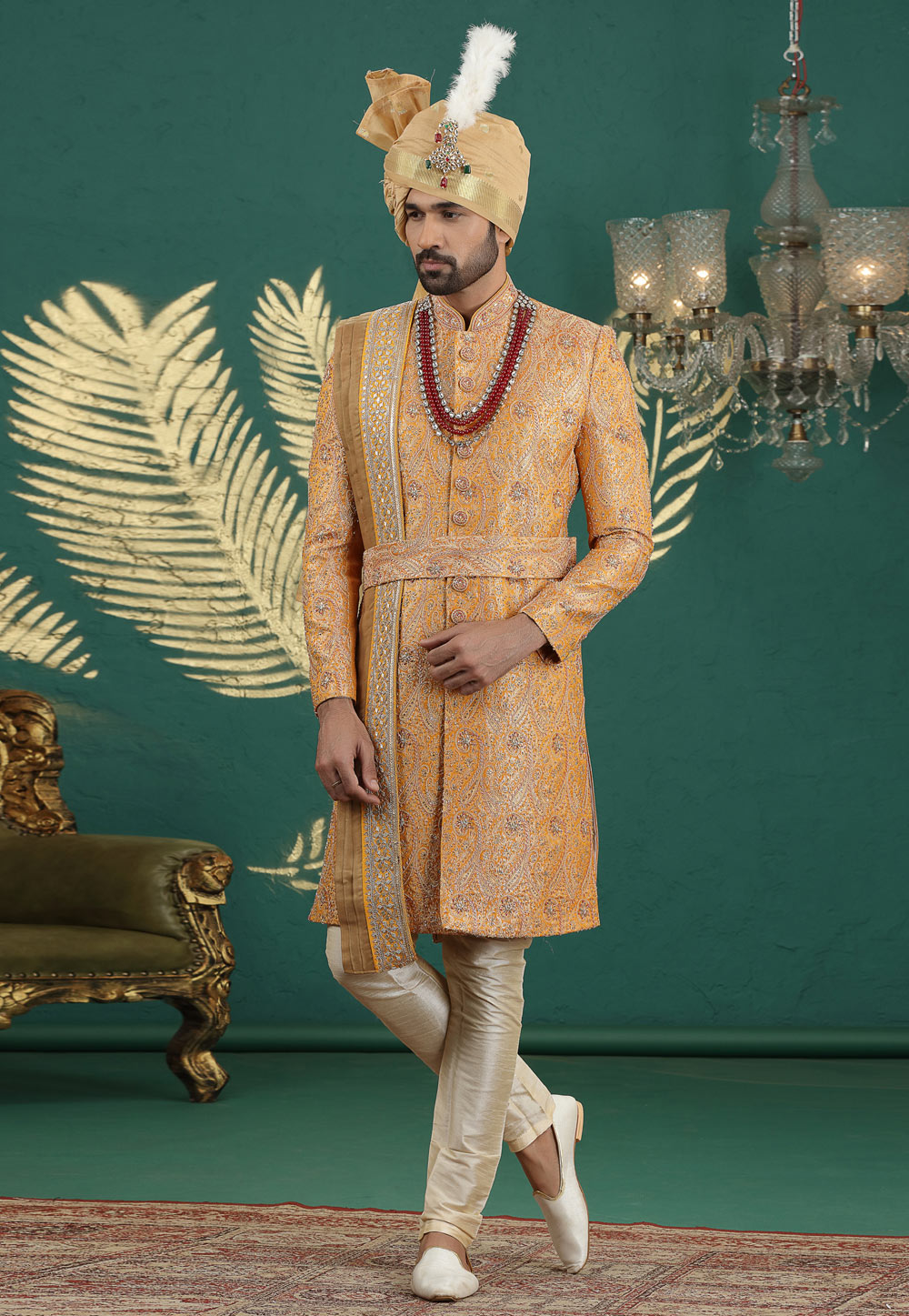 Orange Banarasi Jacquard Achkan Style Sherwani With Dupatta 319013