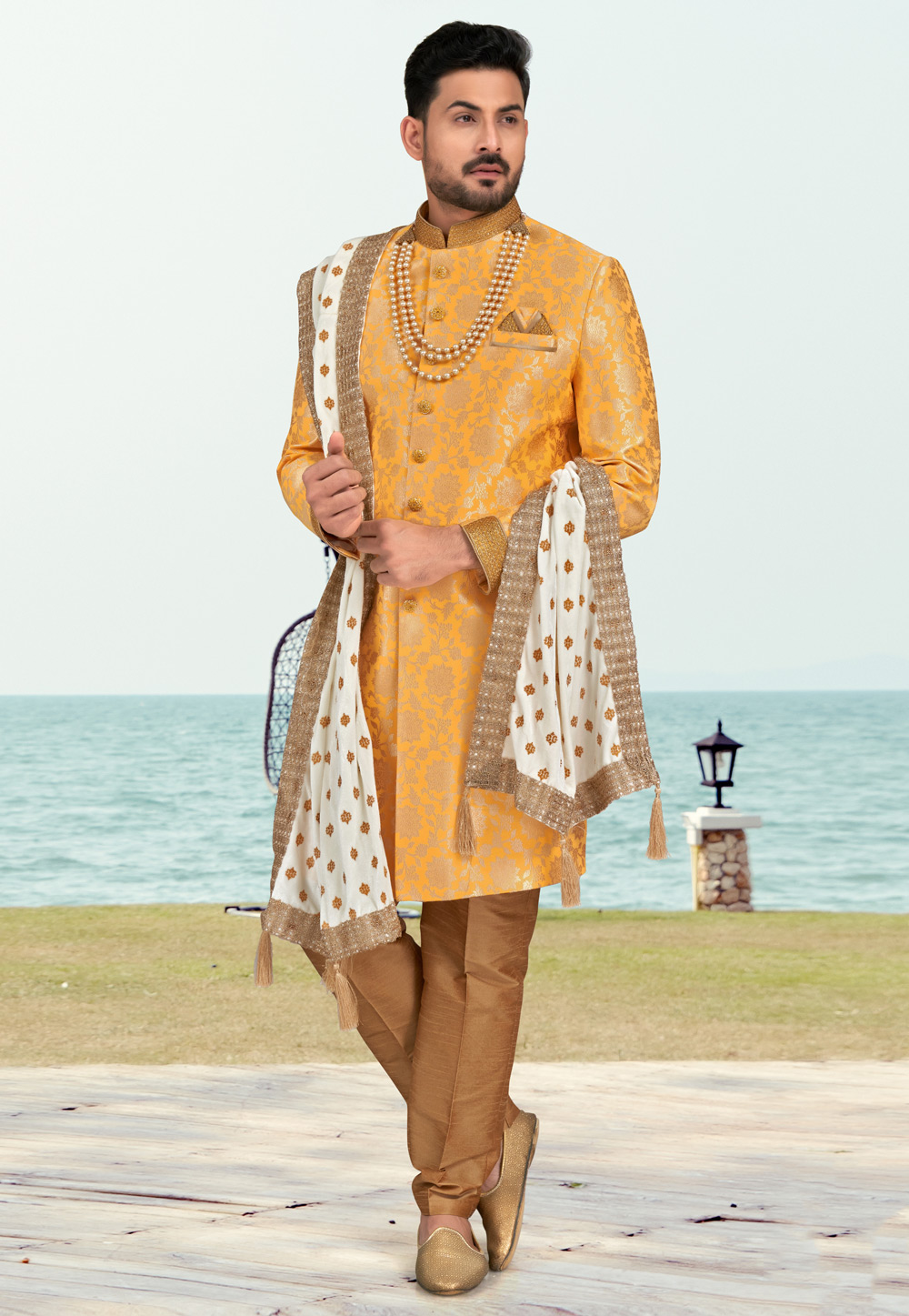 Orange Banarasi Jacquard Indo Western Sherwani 279739