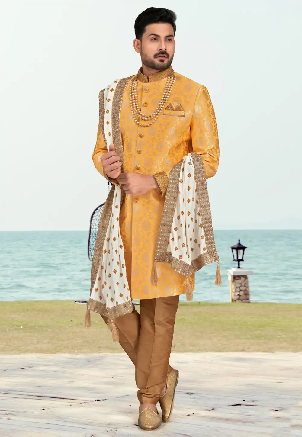 Orange Banarasi Jacquard Indo Western Sherwani 279739