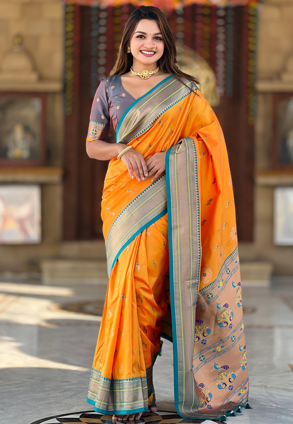 Orange Banarasi Silk Saree With Blouse 307241