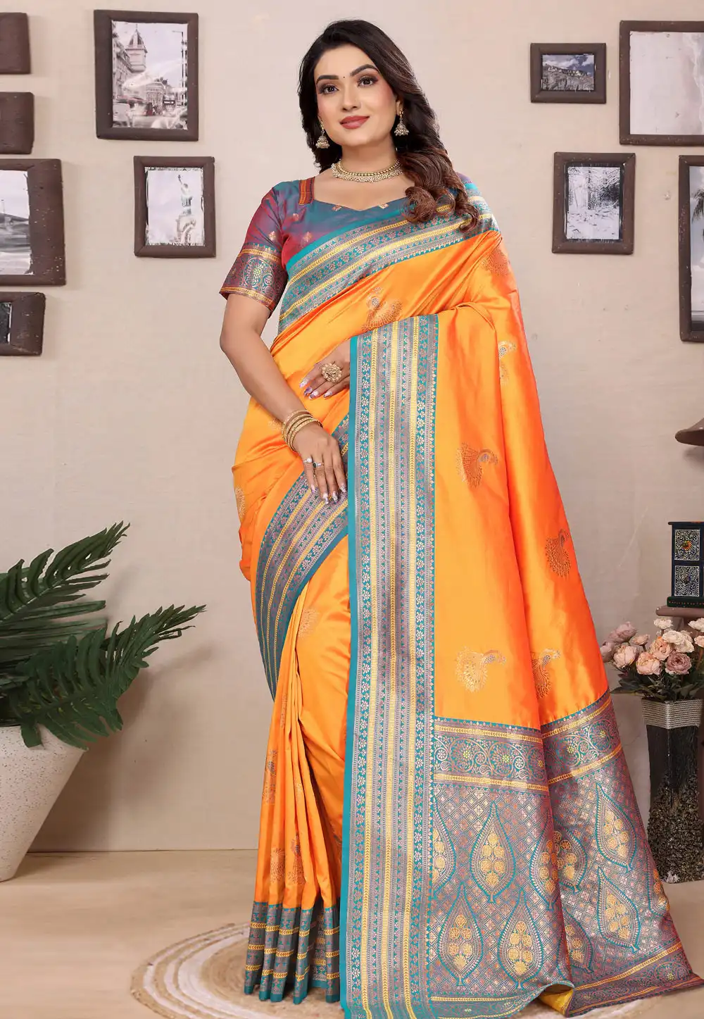 Orange Banarasi Silk Saree With Blouse 313973