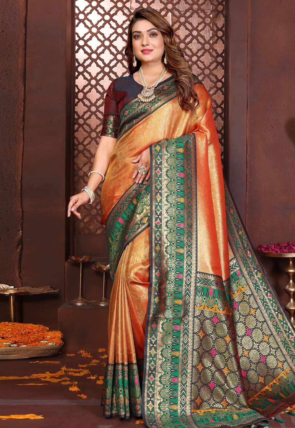 Orange Banarasi Silk Saree With Blouse 321646