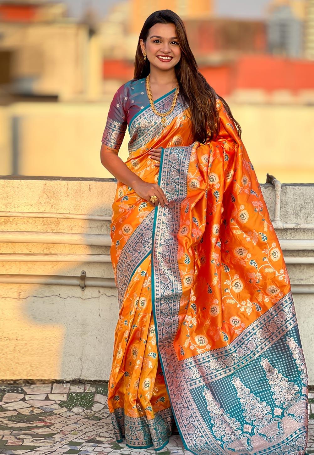 Orange Banarasi Silk Saree With Blouse 307969