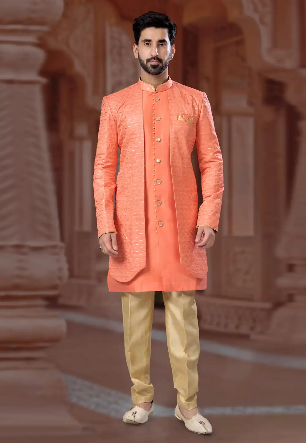 Orange Banglori Silk Jacket Style Sherwani 282251