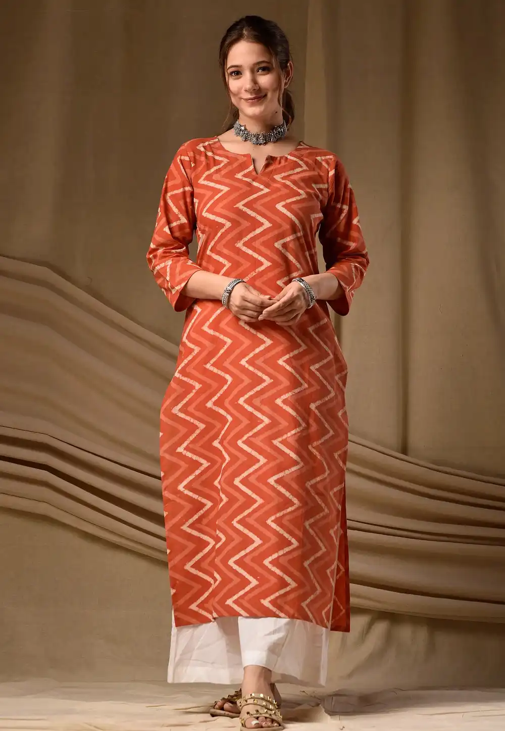 Orange Cambric Cotton Printed Long Tunic 328094