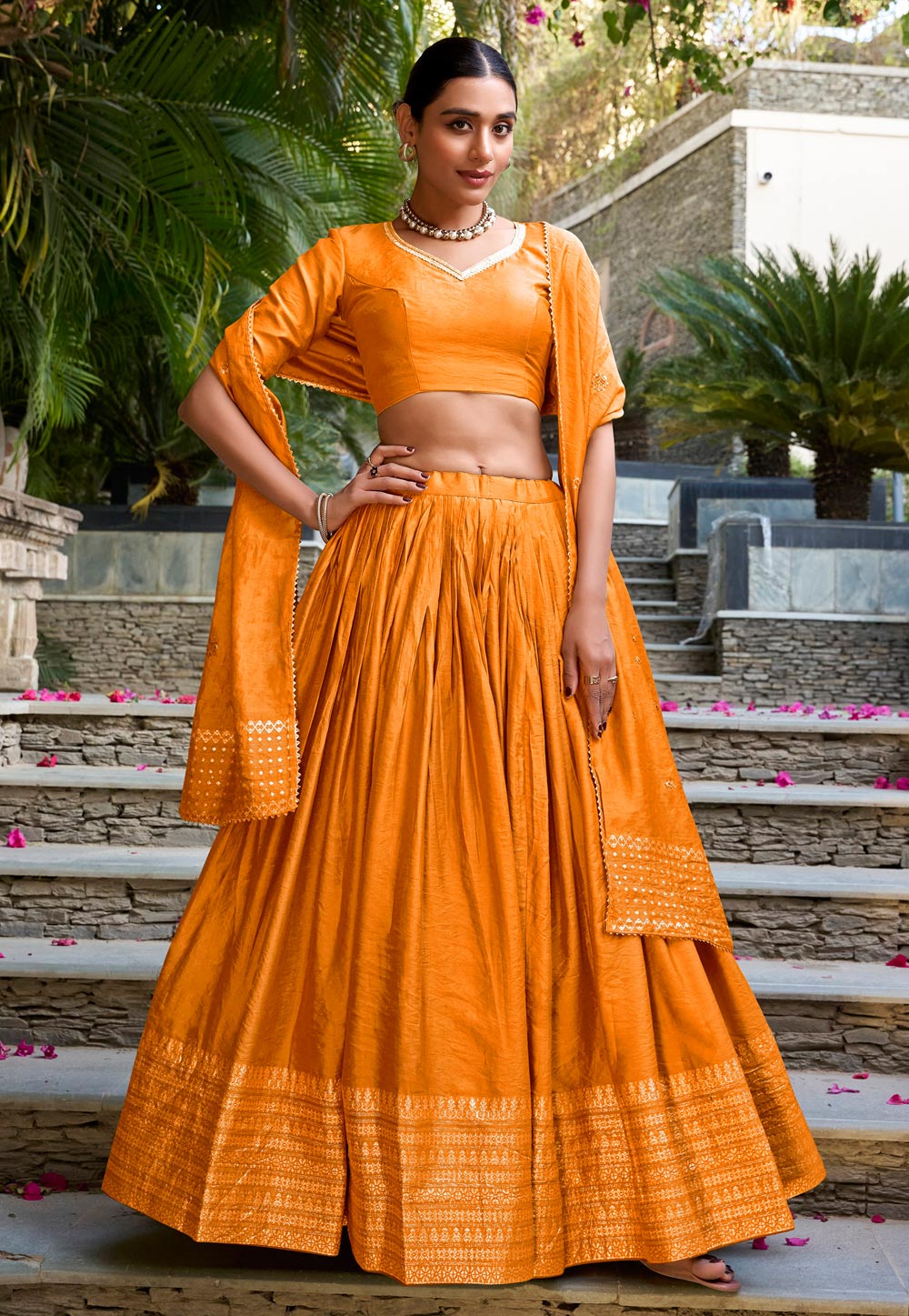 Orange Chanderi Circular Lehenga Choli 321551