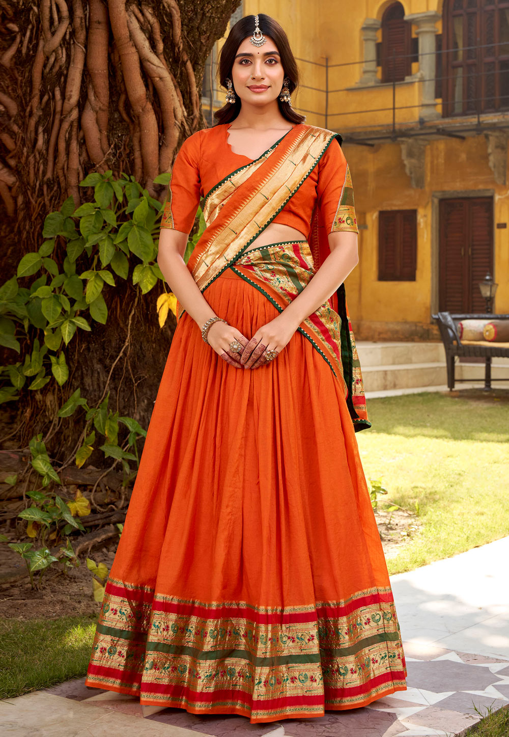 Orange Chanderi Circular Lehenga Choli 321873