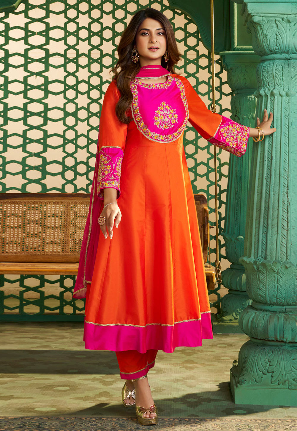 Orange Chanderi Cotton Readymade Anarkali Suit 324939