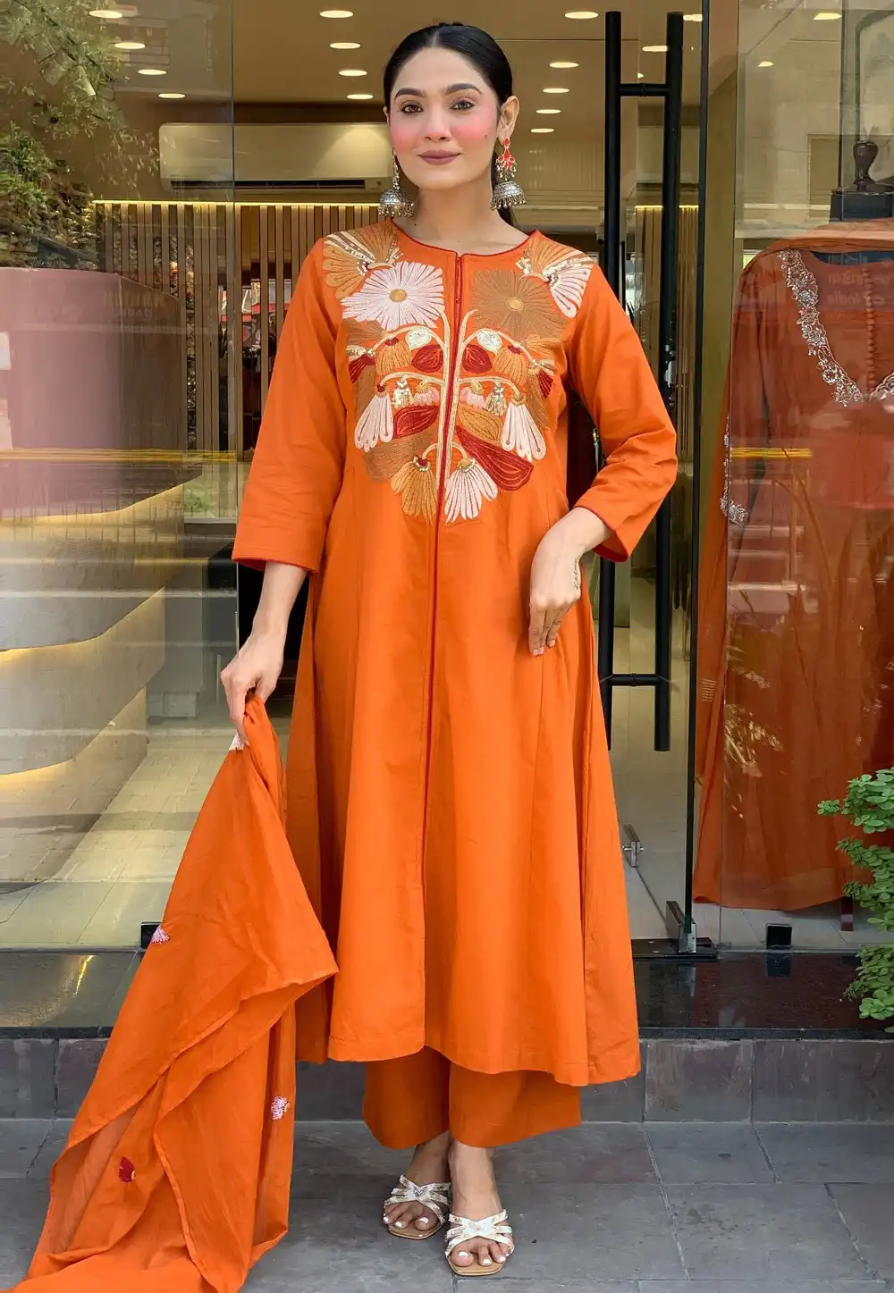 Orange Chanderi Readymade Pant Style Suit 315148