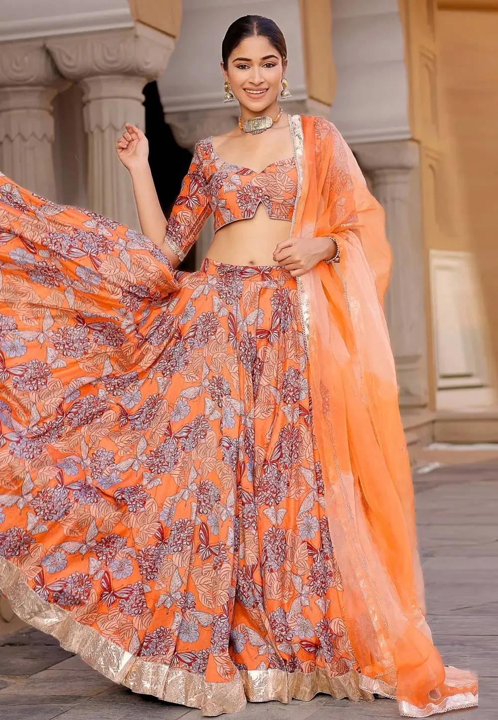 Orange Chanderi Silk Floral print Lehenga Choli 333540
