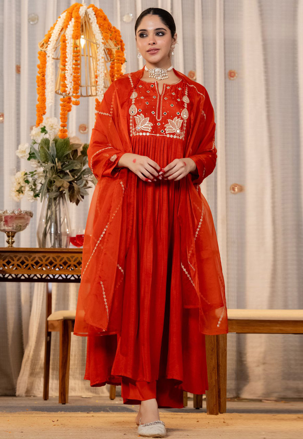 Orange Chanderi Silk Readymade Anarkali Suit 323256