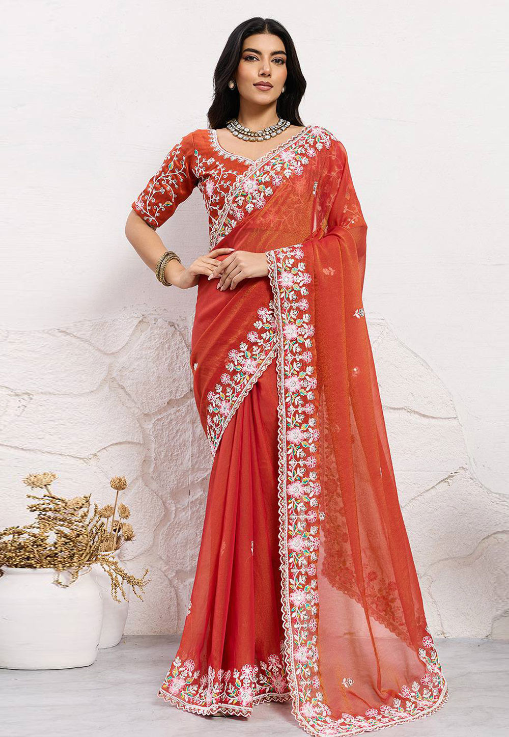 Orange Chiffon Saree With Blouse 320067