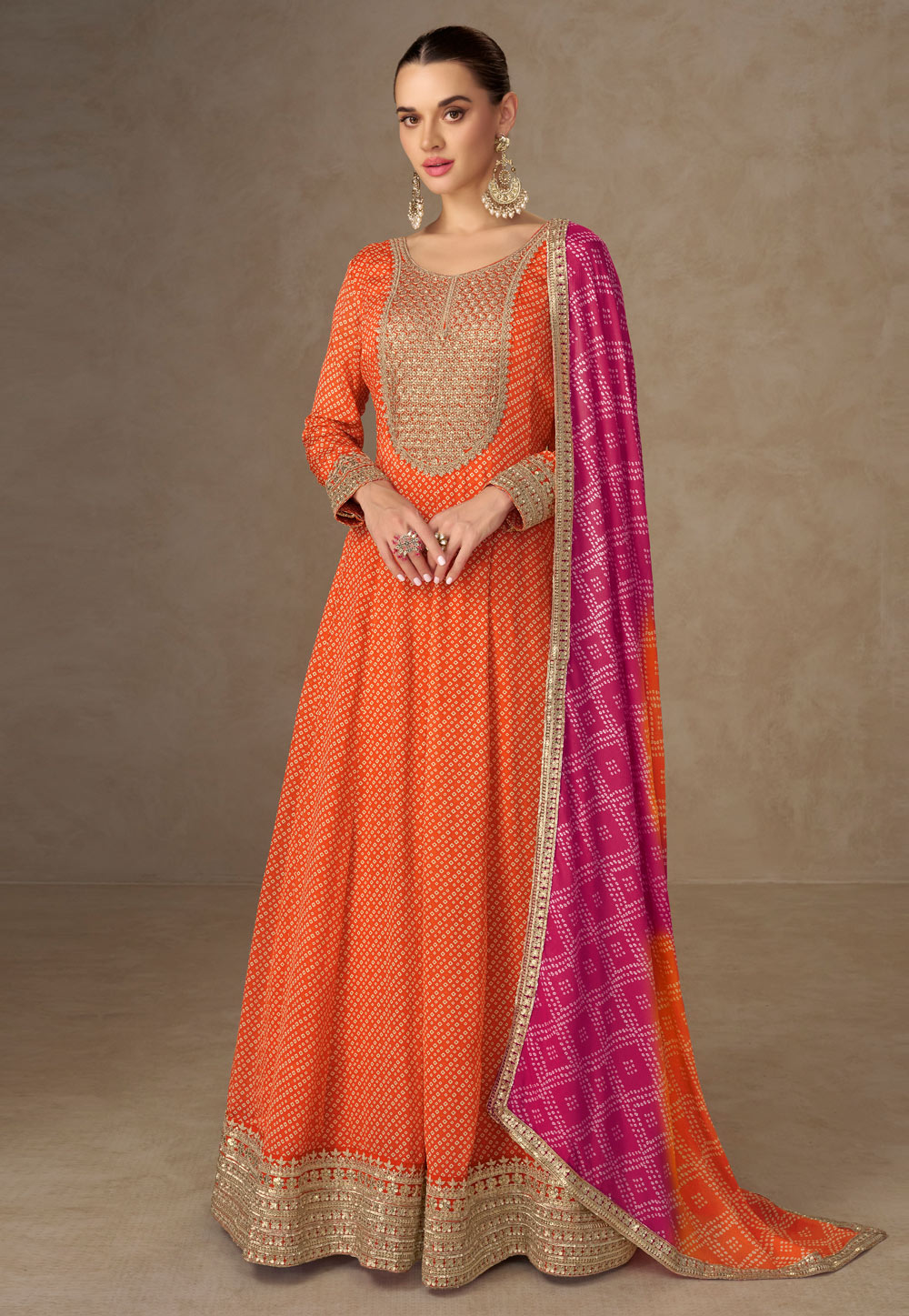 Orange Chinon Anarkali Suit 318284