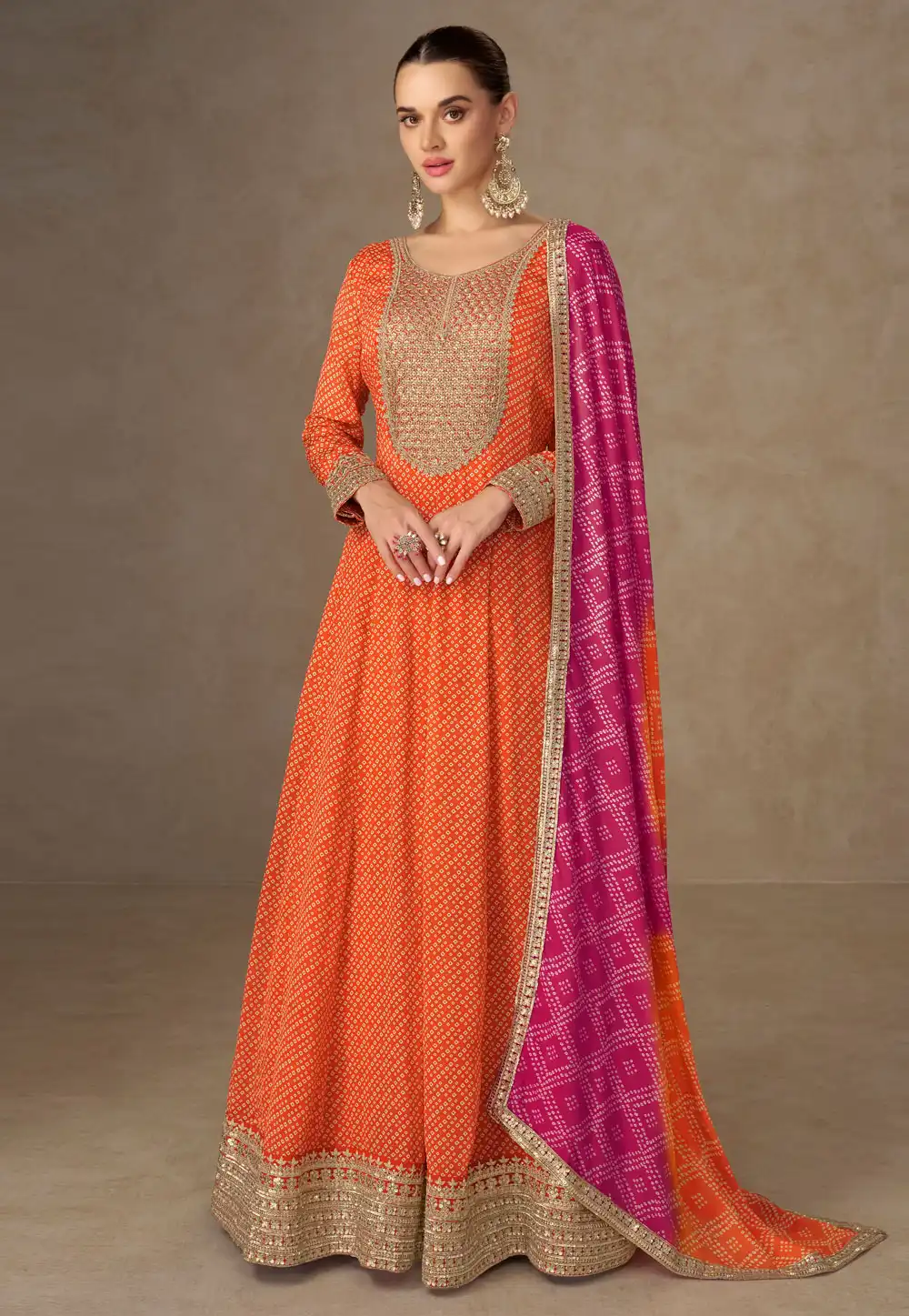 Orange Chinon Anarkali Suit 318284