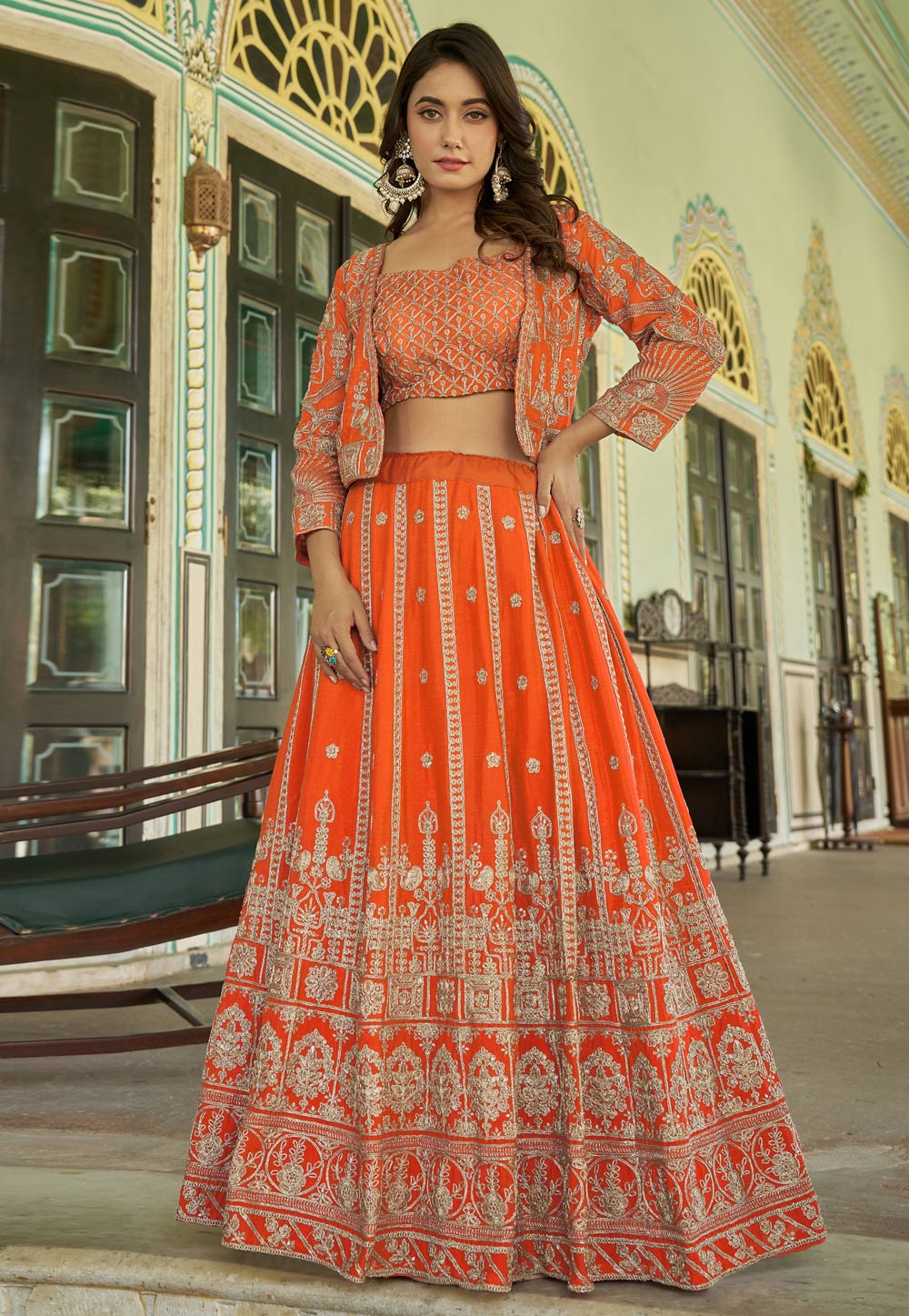 Orange Chinon Jacket Style Lehenga Choli 311269