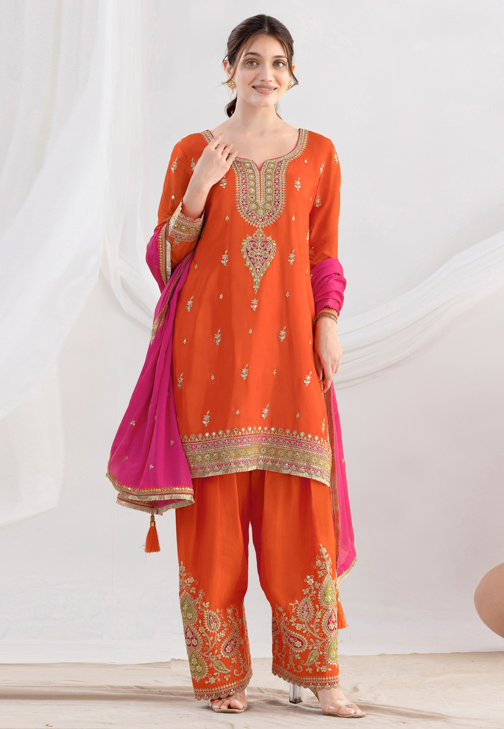 Orange Chinon Pakistani Suit 315651
