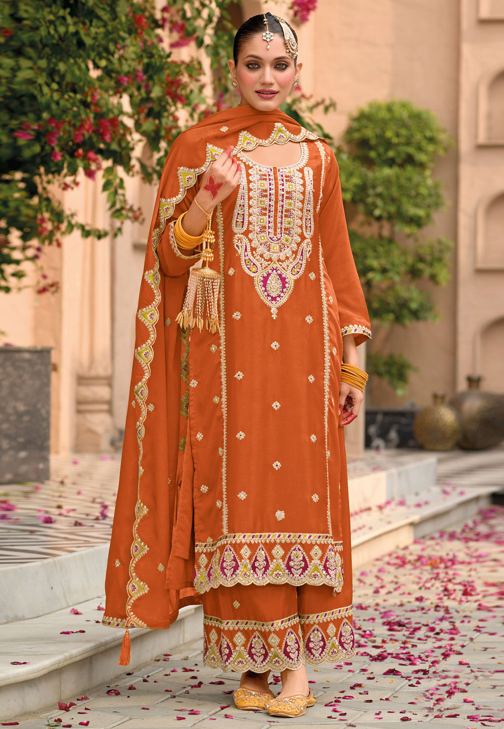 Orange Chinon Pakistani Suit 308718