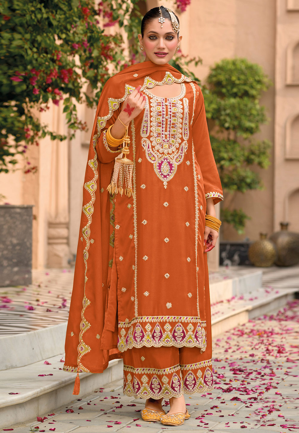 Orange Chinon Pakistani Suit 308718