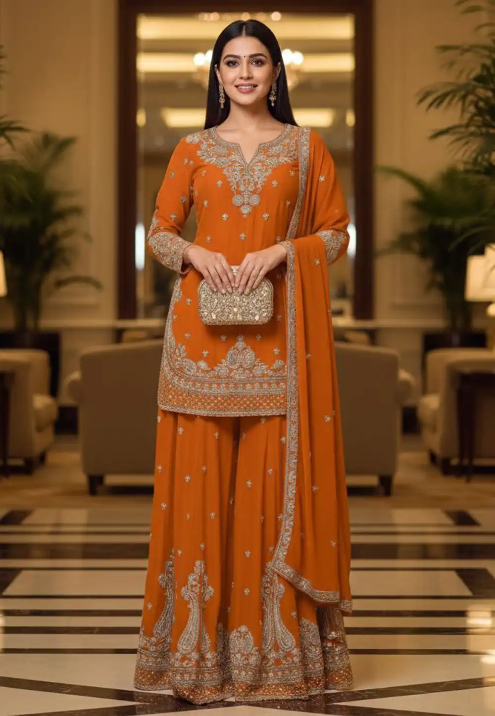 Orange Chinon Pakistani Suit 330416