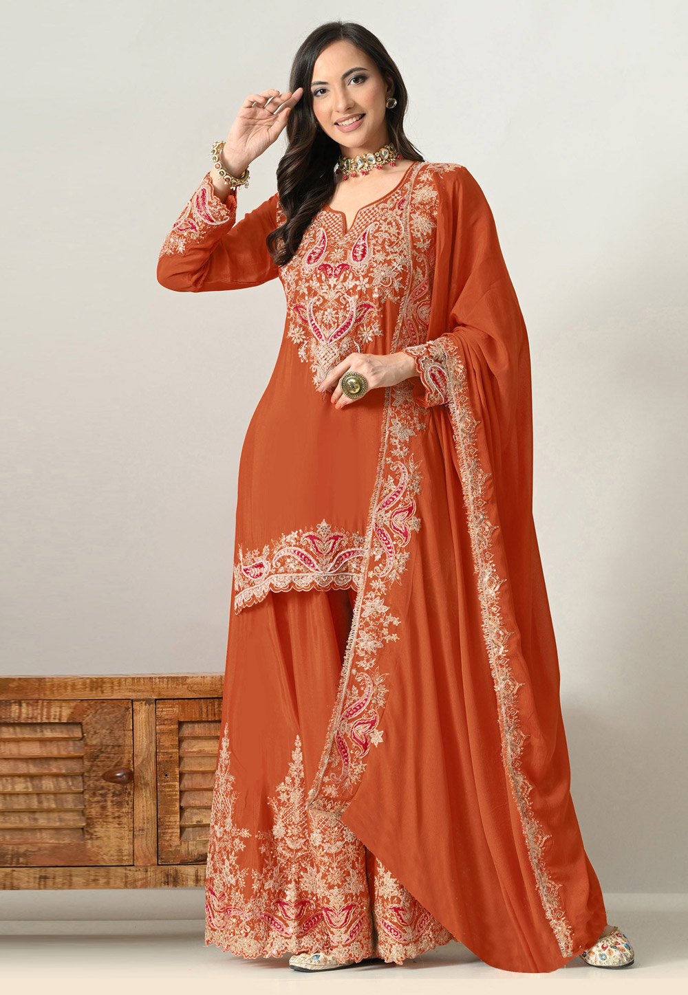 Orange Chinon Palazzo Suit 329141