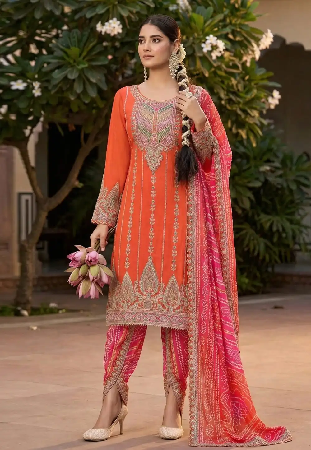 Orange Chinon Punjabi Suit 327325