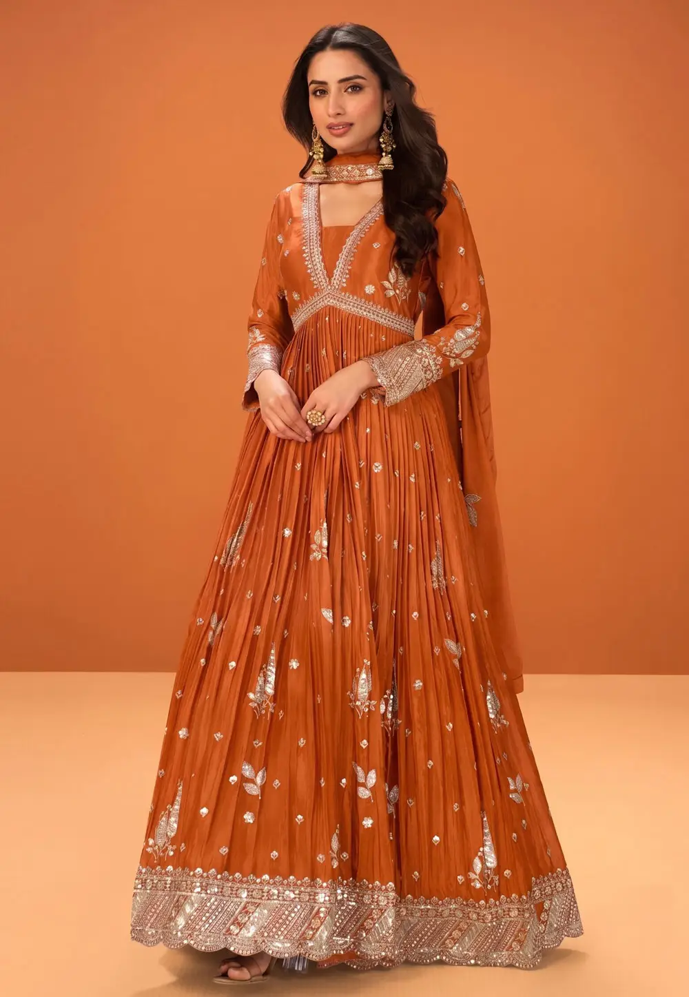 Orange Chinon Readymade Anarkali Suit 334728