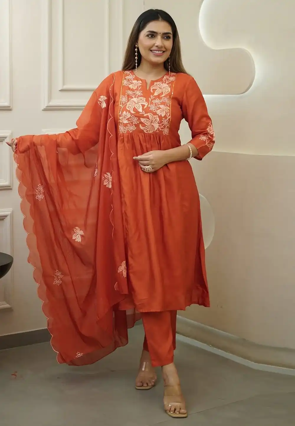 Orange Chinon Readymade Anarkali Suit 317170