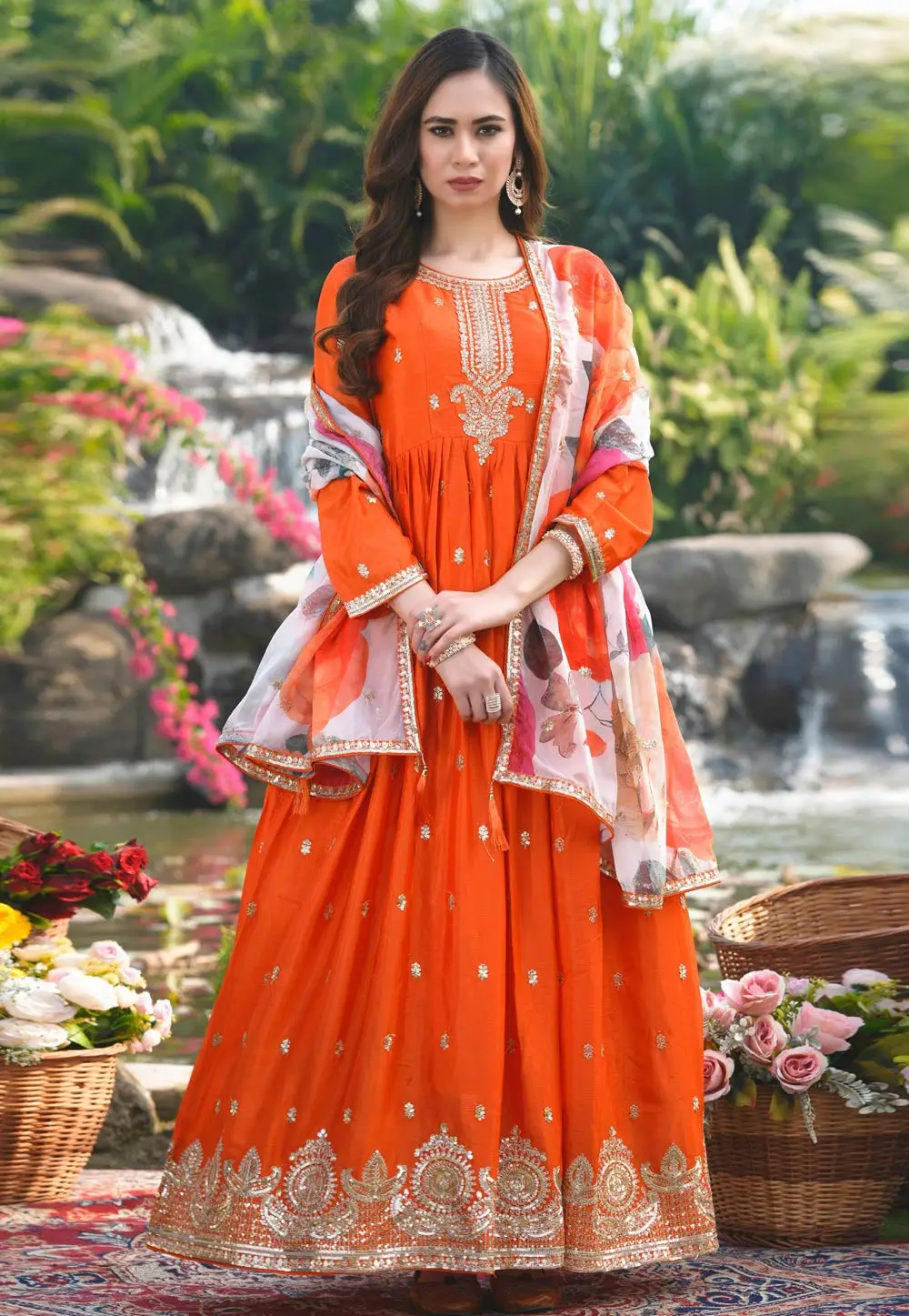 Orange Chinon Readymade Anarkali Suit 333417