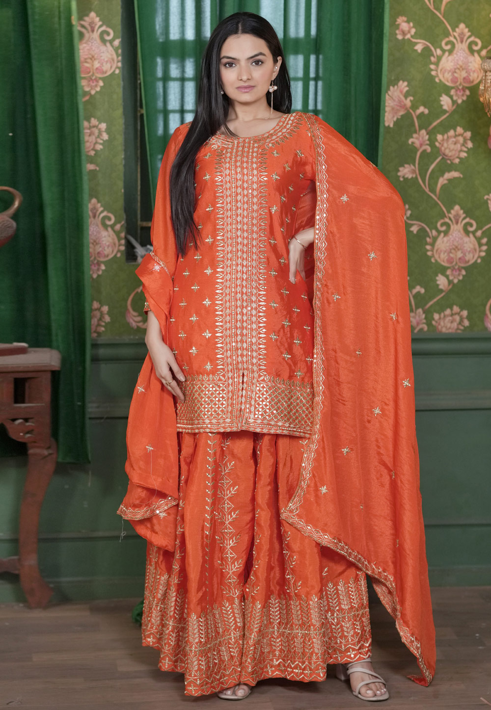 Orange Chinon Readymade Pakistani Suit 306938