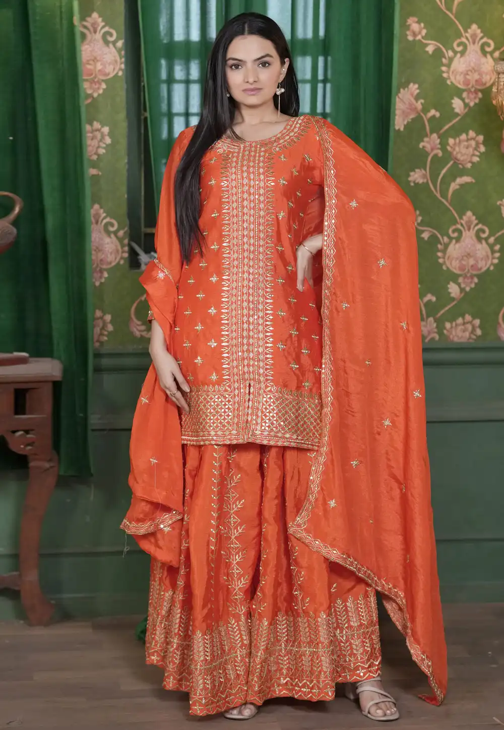 Orange Chinon Readymade Pakistani Suit 306938