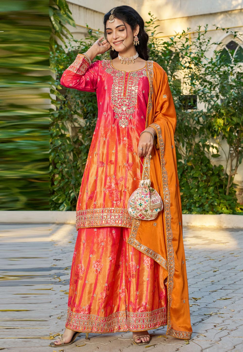 Orange Chinon Readymade Pakistani Suit 328685