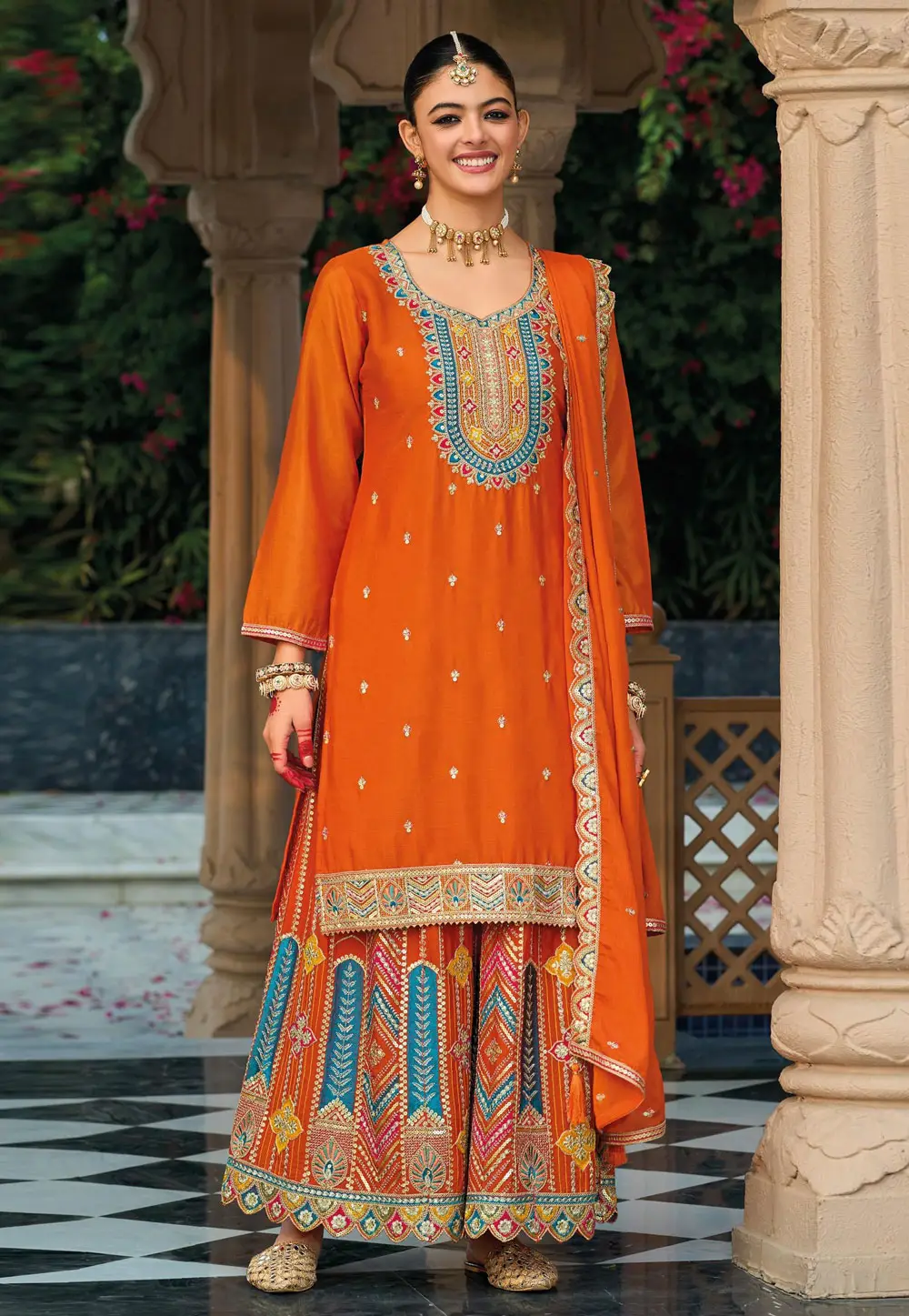 Orange Chinon Readymade Pakistani Suit 335478
