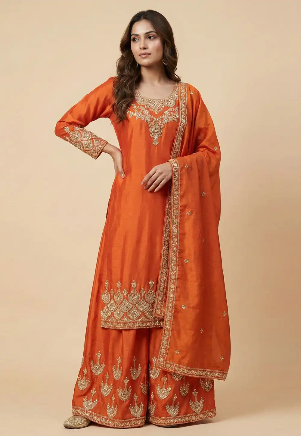 Orange Chinon Readymade Palazzo Suit 323842