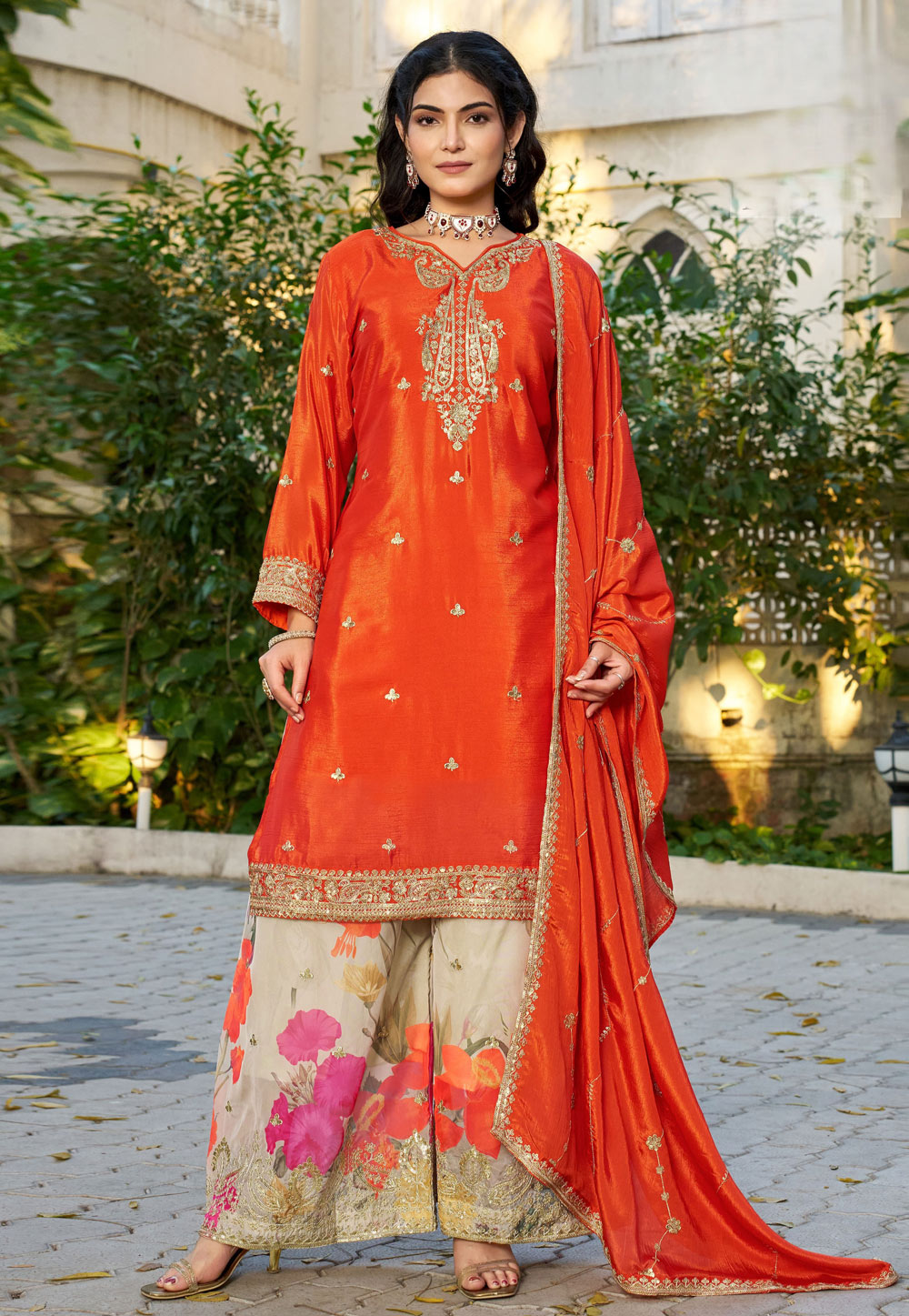 Orange Chinon Readymade Palazzo Suit 328203