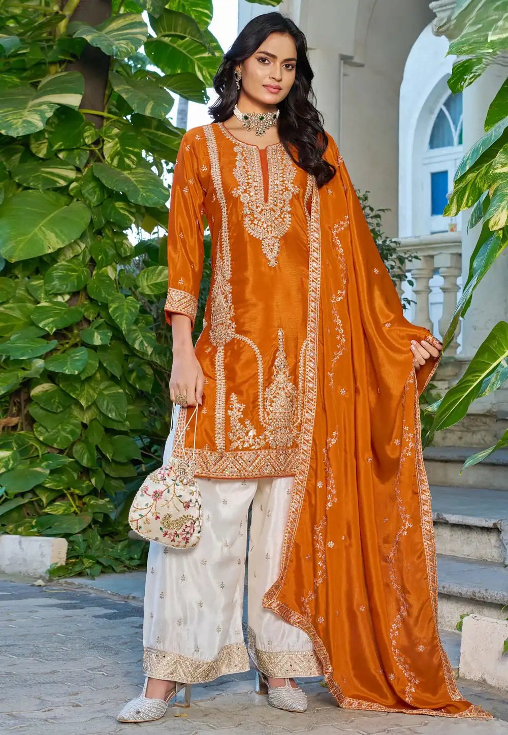 Orange Chinon Readymade Palazzo Suit 328680