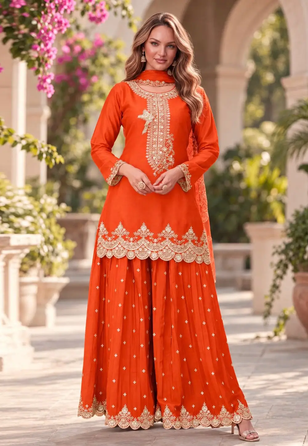 Orange Chinon Readymade Palazzo Suit 335206